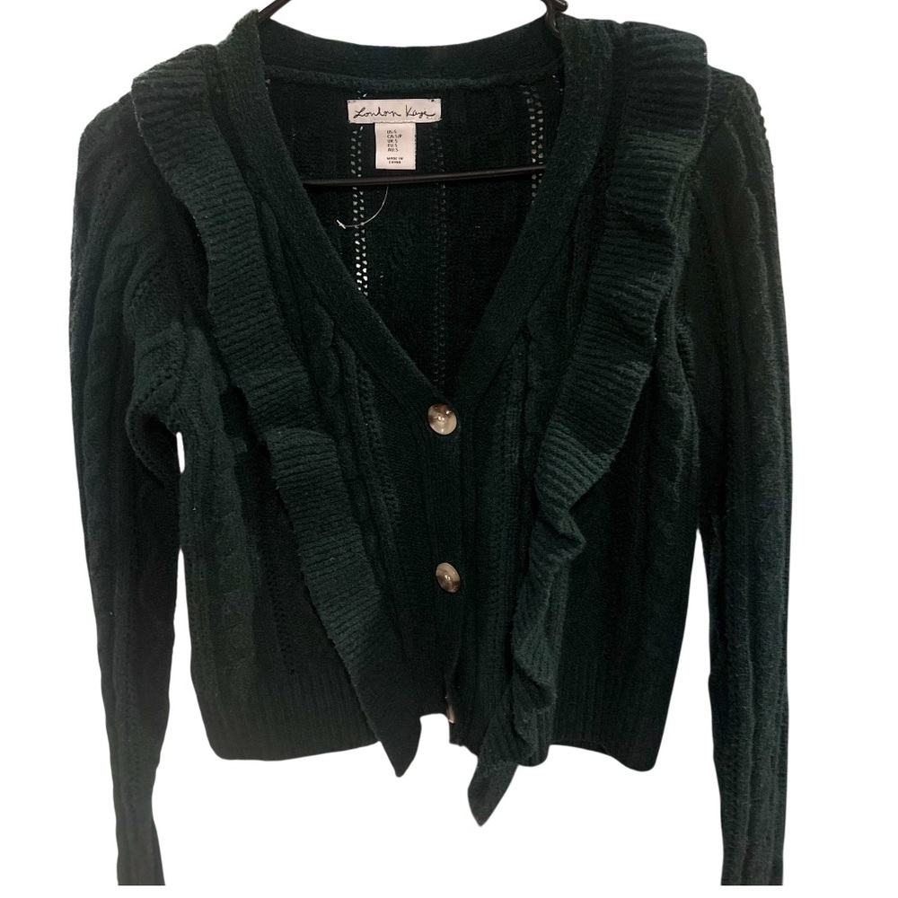 London Kaye Dark Green Ruffled Cardigan Button Sweater Size Small - Picture 1 of 12